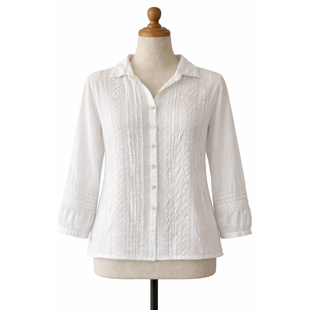 JP and Mattie Top Size Large Crisp White Button Down Cotton Lace Accent Blouse